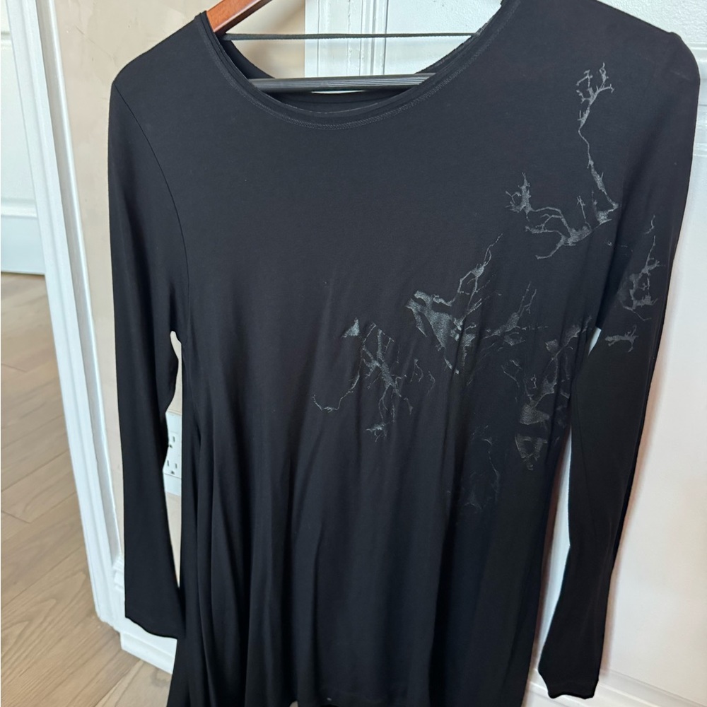 Black Long Sleeve Tunic with Crew Neck and Graphic Design